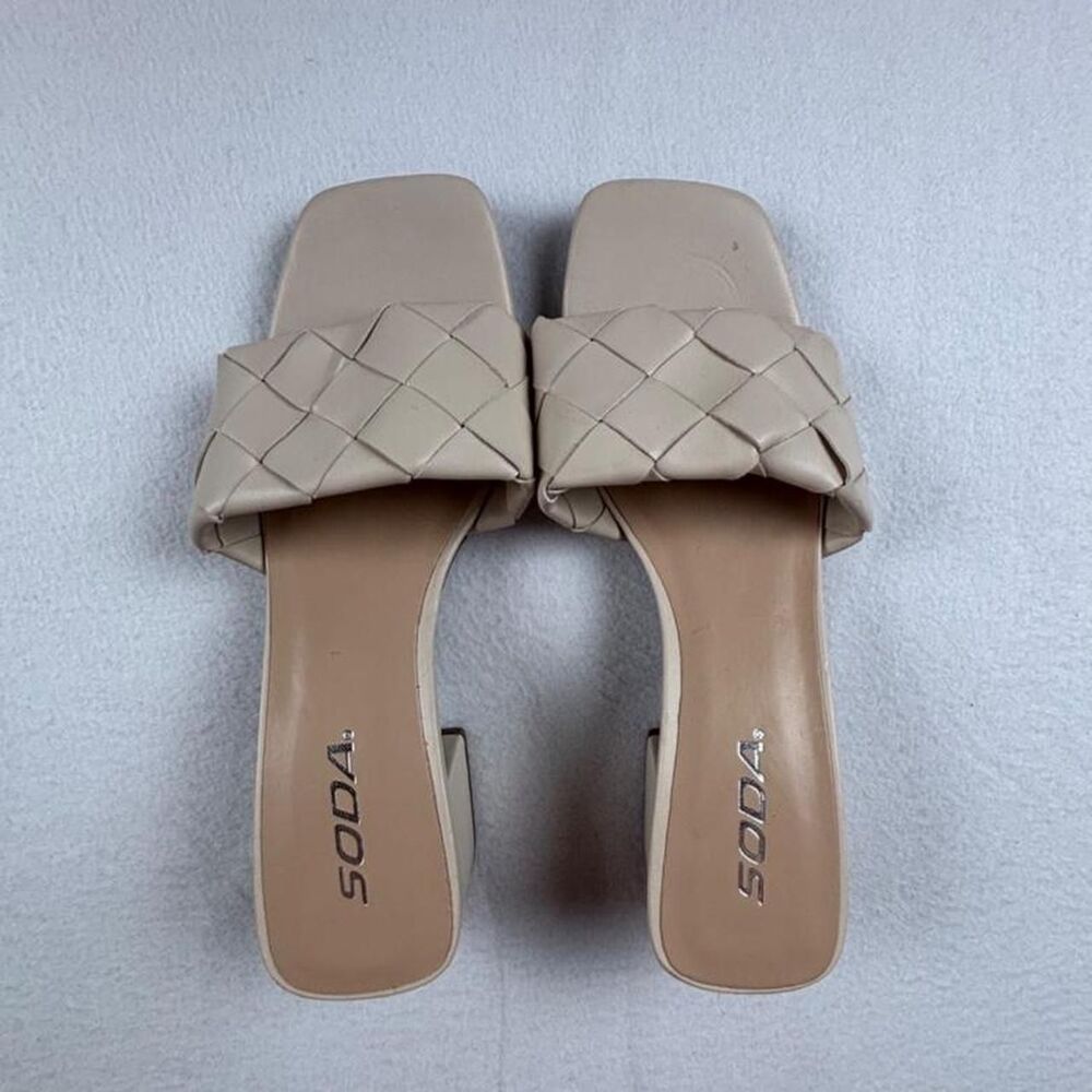 Soda Cream Woven Block Heel Sandals Women’s 7.5 Square Toe Slip On Heels
